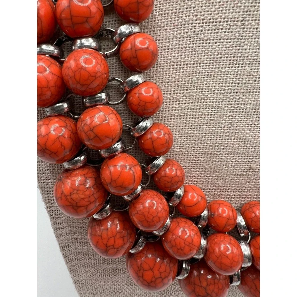 Orange Faux Stone Bib Necklace Statement Collar Boho Maximalist Acrylic Silver